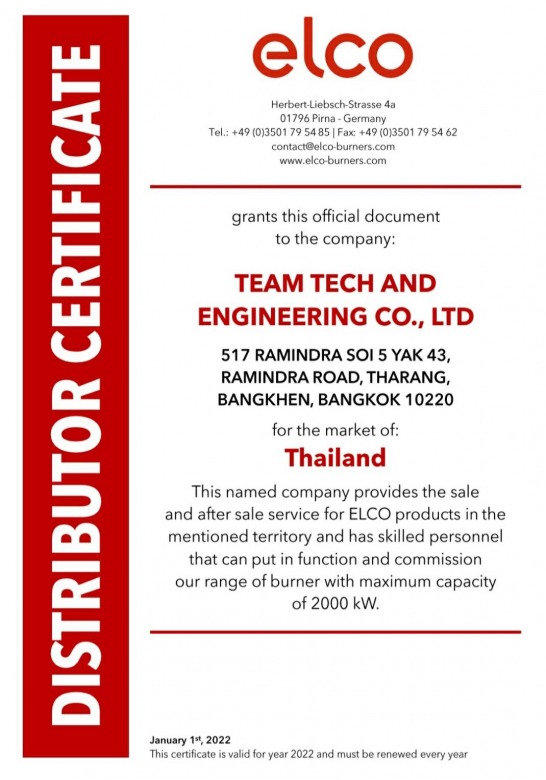 Distributor Certificate by elco for TEAMTECH AND ENGINEERING CO.,LTD.